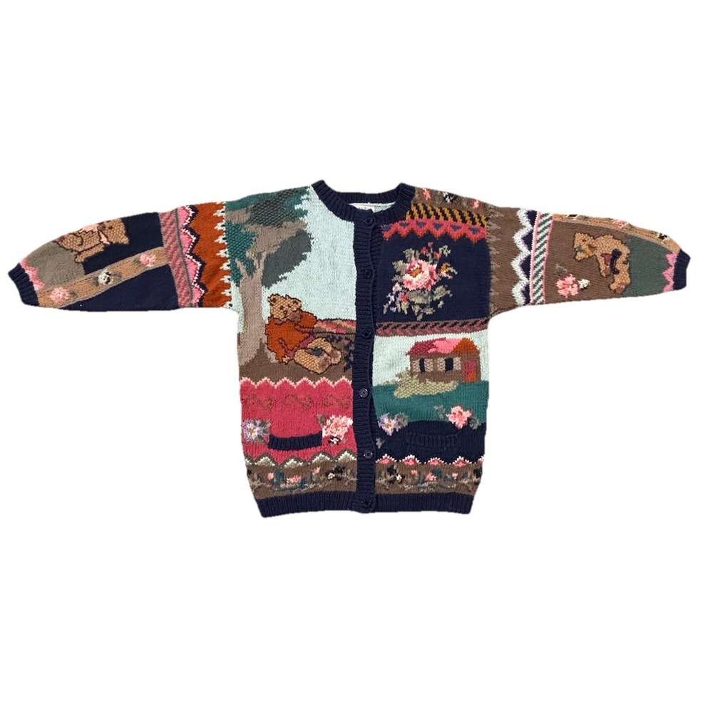 Vintage 90s Together! Knit Cardigan Sweater Teddy Bears Floral Women's S Grandma